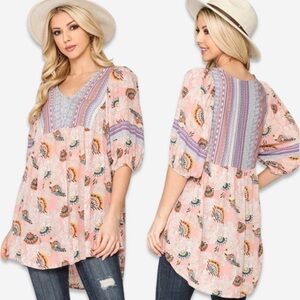 NWT Boho Floral Needlepoint Print Tunic Top